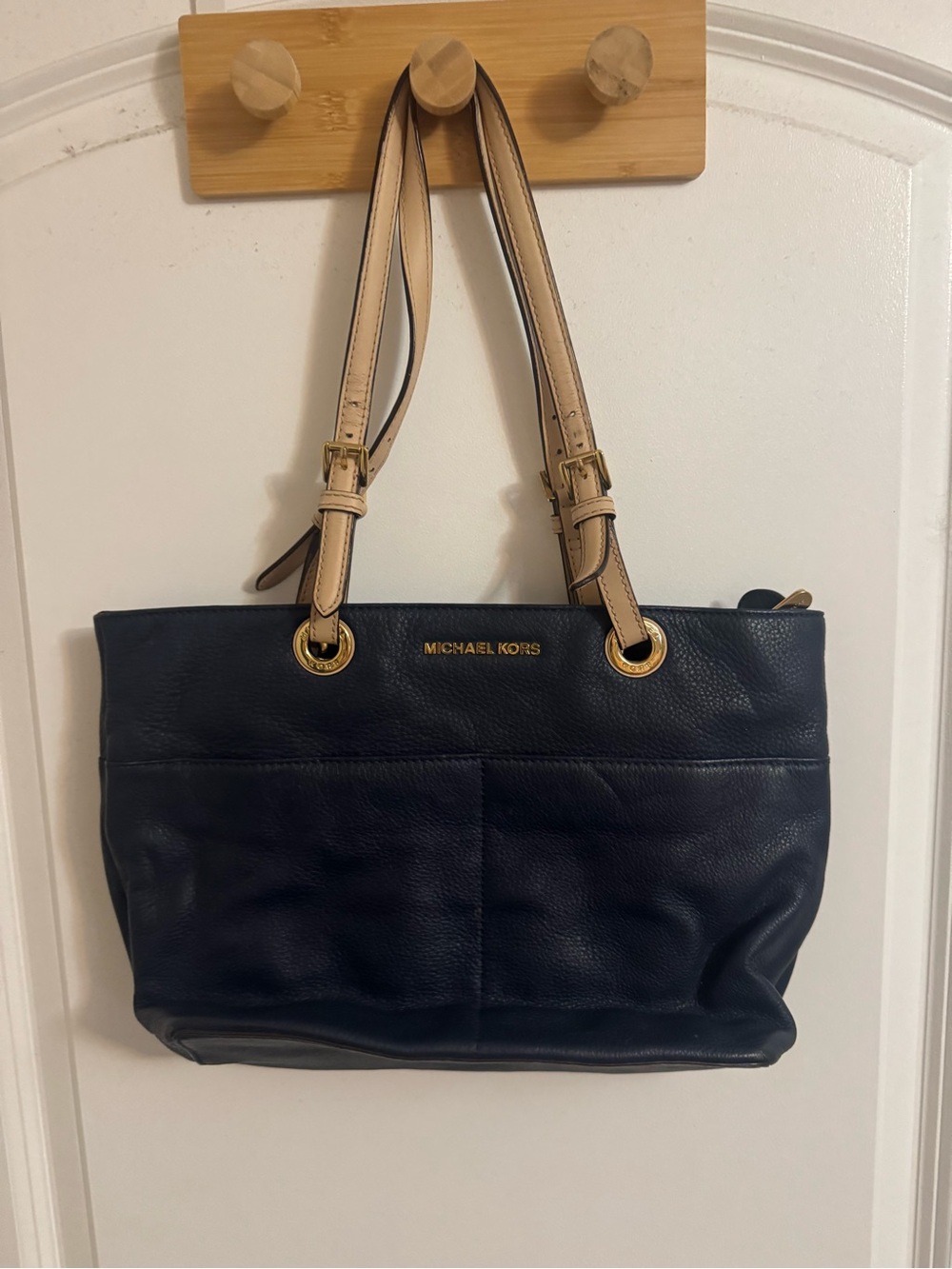 Michael Kors Navy Leather Tote with Beige Straps and Gold Hardware